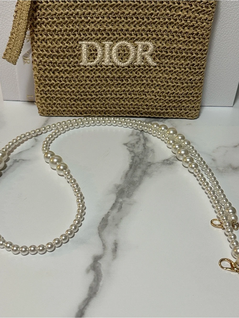 Dior Beauty Tan Woven Raffia Pouch with added Pearl crossbody strap 🤩